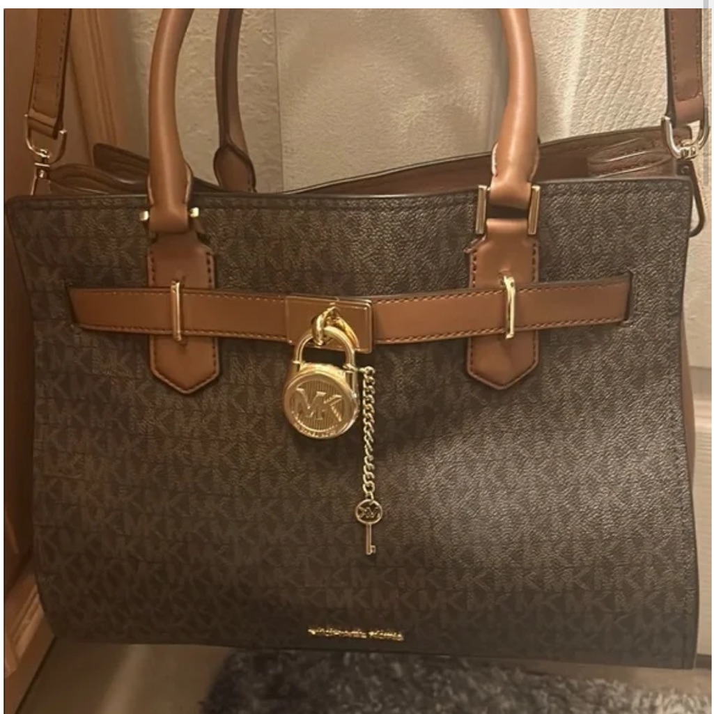 Michael Kors Hamilton Brown And Gold Satchel With Signature Monogram